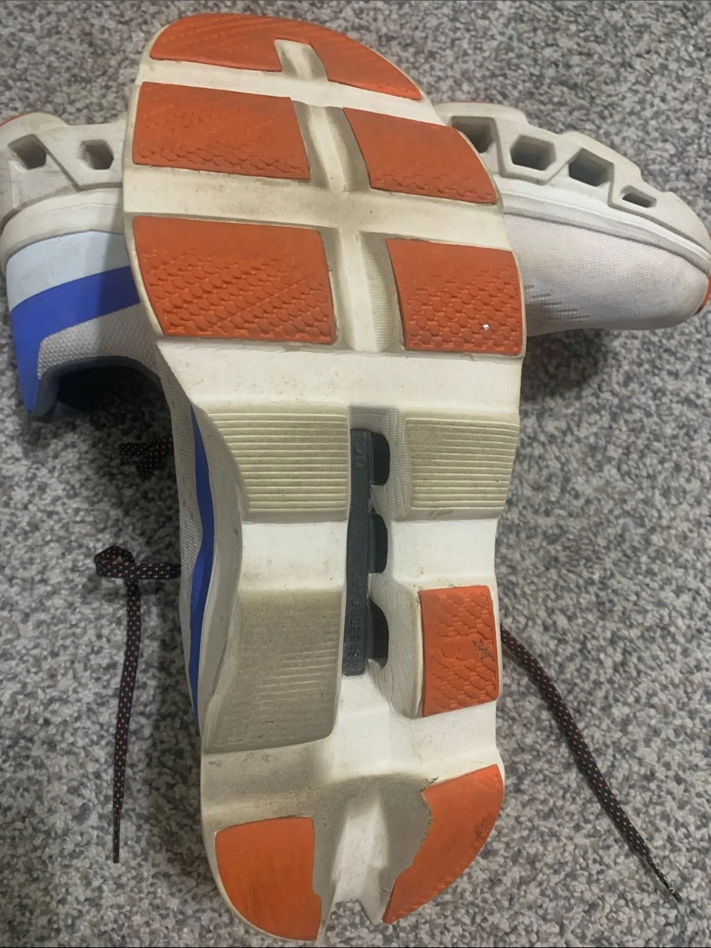 On Running Men's Cloudmonster Sneakers in White with Blue and Orange Accents